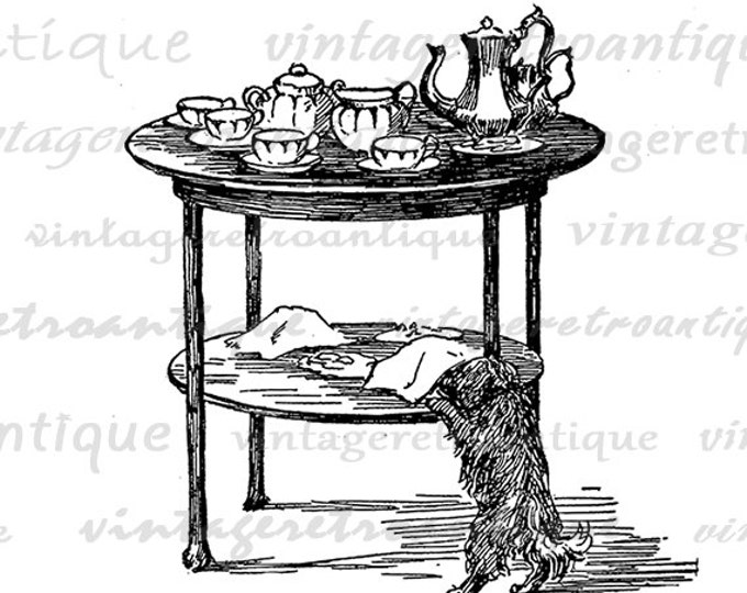 Little Dog on at a Tea Party Graphic Printable Download Image Digital Antique Clip Art Jpg Png Eps HQ 300dpi No.275