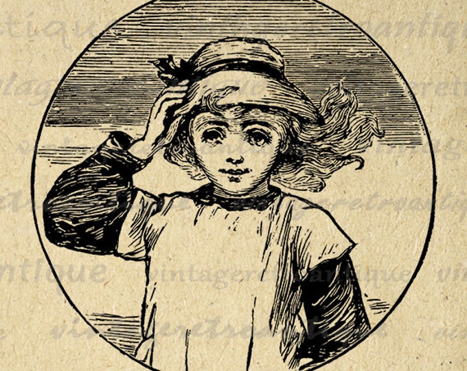 Printable Image Girl with Hat Graphic Download Antique Illustration Digital Vintage Clip Art Jpg Png Eps HQ 300dpi No.2415