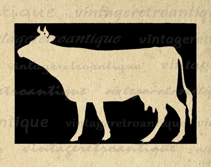 Digital Cow Silhouette Image Graphic Farm Animal Illustration Printable Download Vintage Clip Art for Transfers HQ 300dpi No.3372