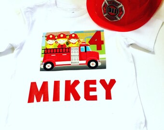 Firetruck T-Shirts For Boys, Firemen And Firetruck Tee-Shirts, Firemen Birthday Shirts For Boys, Custom Firemen Birthday Shirts,