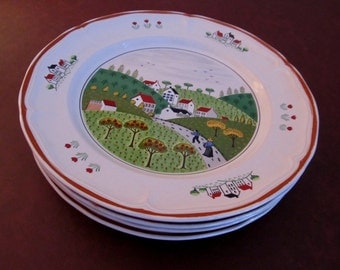 Four Dinner Plates, NEWCOR Stoneware, Country Village, Japan
