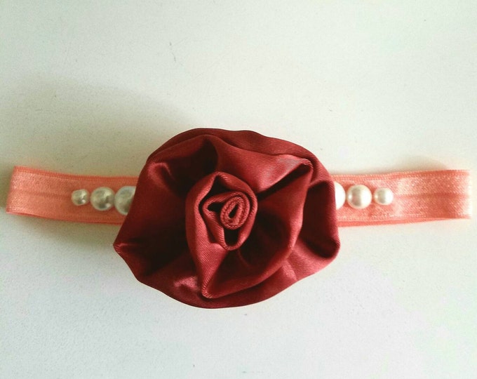 Pink Headband with Vintage Red Rose and White Beads