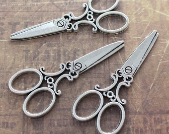 6 Large Scissors Charms Scissors Pendants Antiqued Silver Tone 24 x 58 mm