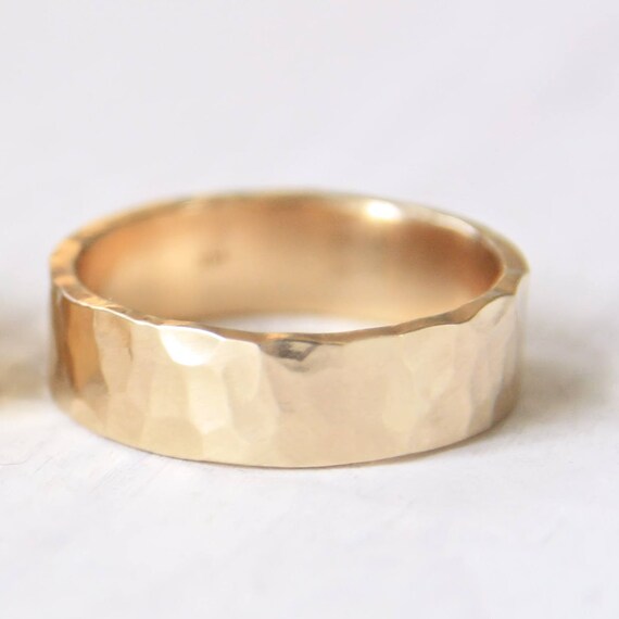 Hammered Gold Ring Solid 14k Yellow Gold Wedding Ring 6mm