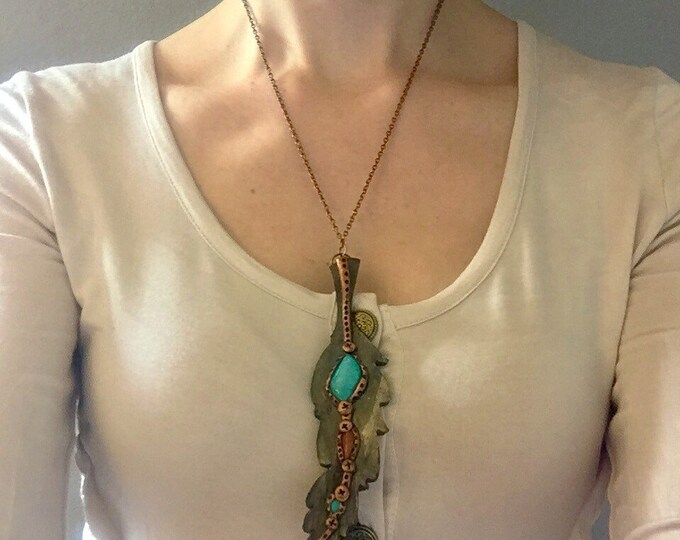 Amazonite, Goldstone and Turquoise Bronze and Copper Metallic Feather Large Pendant on Copper Chain, Boho Jewelry, Healing