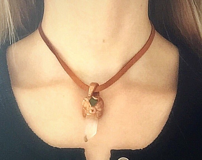 Aventurine and Crystal Quartz Point Leaf Bronze Pendant on Tan Deer Skin Leather Choker, Green Gemstone and Crystal Necklace