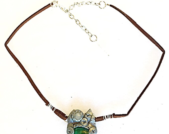 Green Tree Jasper and Moonstone Silver Mountain Brown Suede Leather Choker with Rainbow Moonstone Charm. Mountain Scene Gemstone