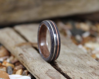 Walnut & Grey Maple Wood Ring with Copper and Silver, Mens Wood Ring, Womens Wood Ring, Wood Engagement Ring, Wood Wedding Band, Wooden Ring