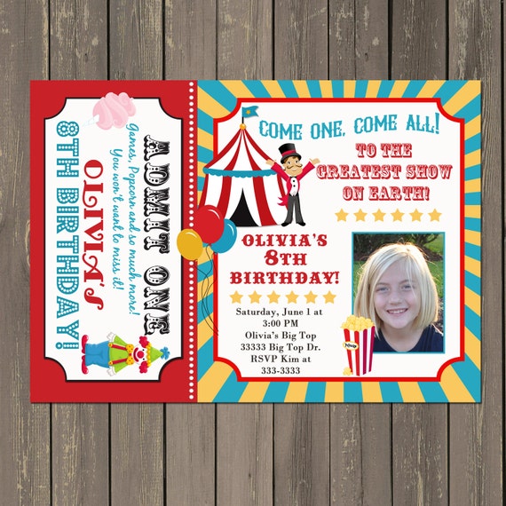 Circus Birthday Party Invitation, Carnival Party Invitation, Clown Birthday, Big Top Birthday Party, Popcorn, Cotton Candy, DIY or Printed Il_570xn