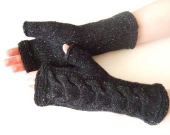 Knitted of 100% CASHMERE. Especially soft ANTHRACITE fingerless gloves, wrist warmers, fingerless mittens. Handmade. Cable gloves.