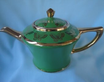 Gold Butterflies on Green Hall Teapot/6 cup Hall Cleveland Teapot