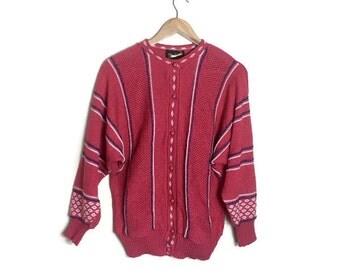 Pink 80s cardigan / boho pink and blue cardigan / lightweight cardigan / salmon pink 80s batwing cardigan