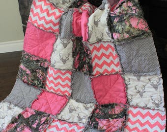 Baby Girl Rag Quilt,Girl Camo Quilt, Pink Camo Baby Quilt, Real Tree Camo Quilt, Deer Baby, Camo Nursery, Made To Order