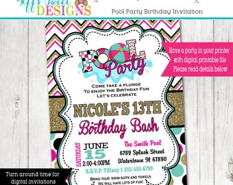 Pool Party Invitation - Summer Party - Water Party Invite - Teen Girl Pool Party