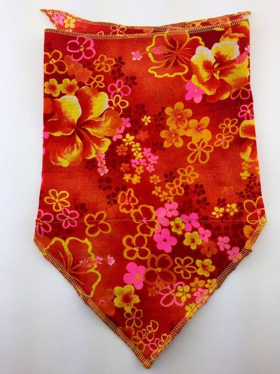 Gnarly Neon: Orange Cotton Bandana w/ Neon Pink, Yellow, Red Vintage Hawaiian Print with Secret Pocket