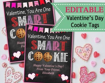EDITABLE Valentine's Day Tags, INSTANT DOWNLOAD, Printable Kids Cookie Valentine, Classroom Valentines, You Are One Smart Cookie Valentine
