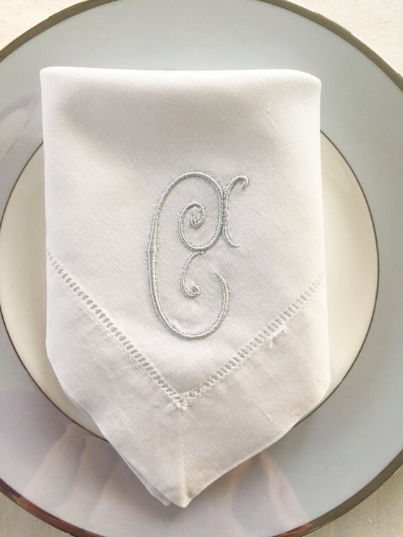 Monogram Embroidered Cloth Napkins. Single letter monogram.