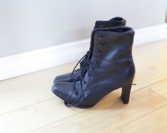 vintage black leather oxfords ankle boots lace up womens 6 *