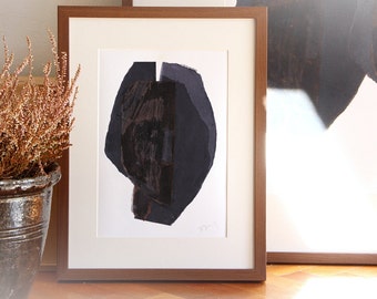 Simple Modern Art Print, Original Paper Collage, Abstract Black Head, Giclee Print
