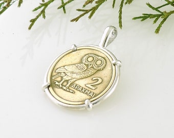 Greek Coin Jewelry with Vintage Greek Owl Drachmae in Handmade Pendant Setting