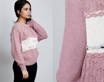 1990s Dusty Rose Colorblock Knit Fox Sweater - Normcore - M
