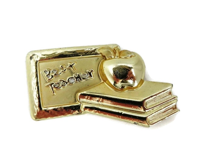 AJC Best Teacher Brooch, Gold Tone Plaque with Apple and Books Pin