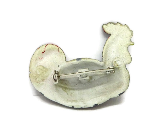 Vintage Ceramic Rooster Brooch, Brown, Red and Yellow Enameled Rooster Pin