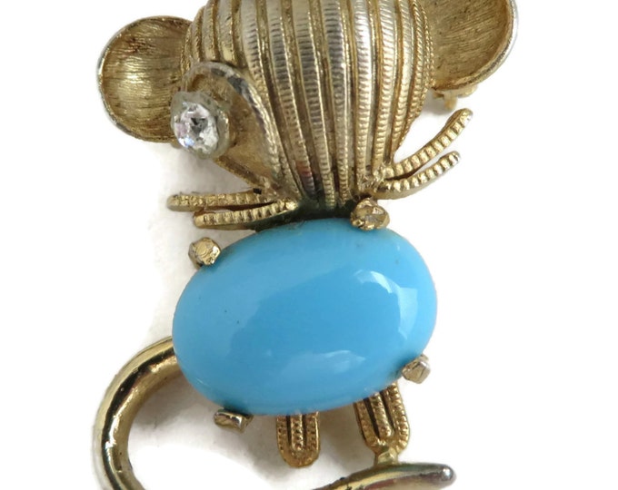 ON SALE! WEISS Mouse Brooch, Vintage Blue Gold Tone Pin Costume Jewelry Estate Gift Idea