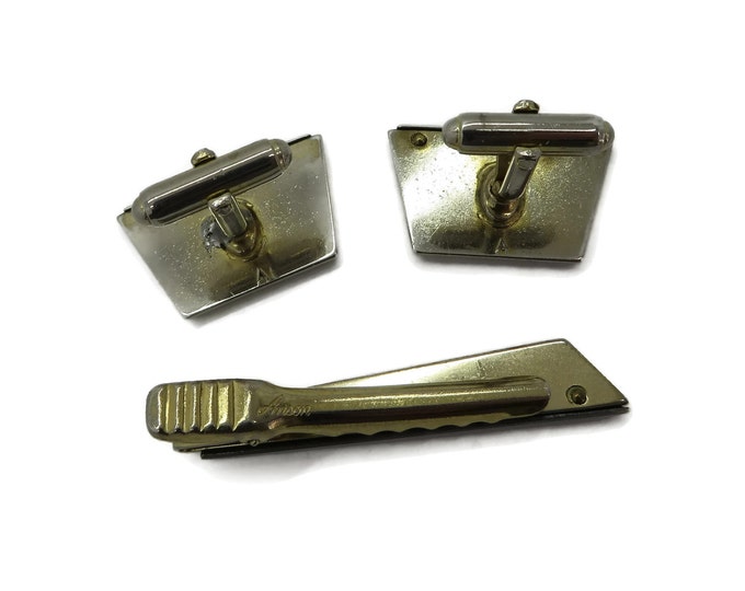 Vintage Anson Cufflinks Tie Clip Set, Two Tone Men's Jewelry Set