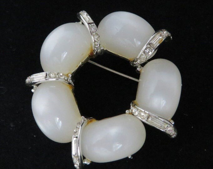 Kramer White Moonstone Crystal Baguette Vintage Wreath Pin