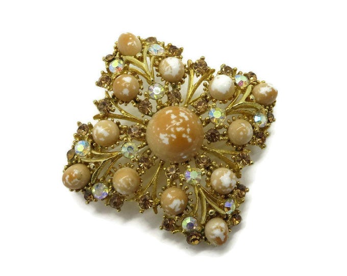 Weiss Orange and White Bead Rhinestone Studded Gold Tone Vintage Brooch