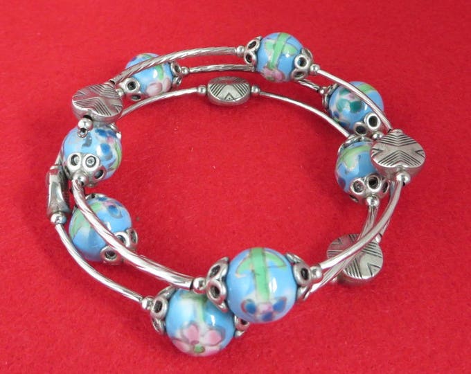 Beaded Ball Wrap Bracelet, Silver Tone Discs Bracelet, Vintage Wraparound Bangle Costume Jewelry Gift Idea
