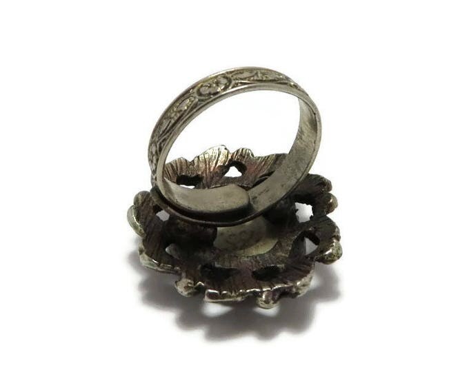 Vintage Flower Scene Antique Style Ring, Pink Rose Adjustable Cocktail Ring Size 5