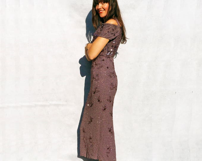 Long Sequin Dress, Vintage Prom Dress, Sequin Off The Shoulder Dress, Bardot Dress Long Prom Dress Vintage Cocktail Dress Beaded Purple Gown