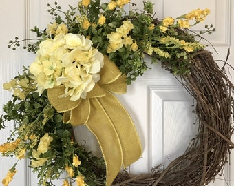 HYDRANGEA WREATH,Yellow Flower Wreath, Spring Wreath,Summer Wreath,Grapevine Wreath, Wedding Wreath,Front Door Wreath,Boxwood Wreath