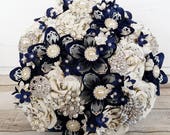 Paper Flower wedding bouquet origami kusudama rose sheet music pages midnight navy blue blossom Vintage Brooches something blue theme bridal