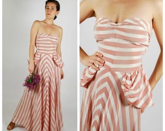 1940's Dress - 40's Striped Gown - Pink White Wedding Dress - Size XS