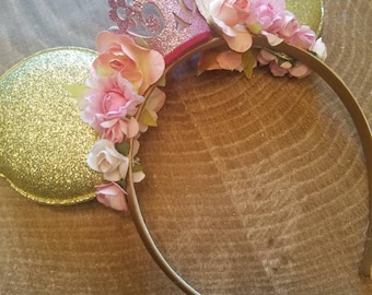 Princess Minnie mouse gold ears. LARGE Minnie mouse ears with crown. Pink birthday crown. Disney birthday headband