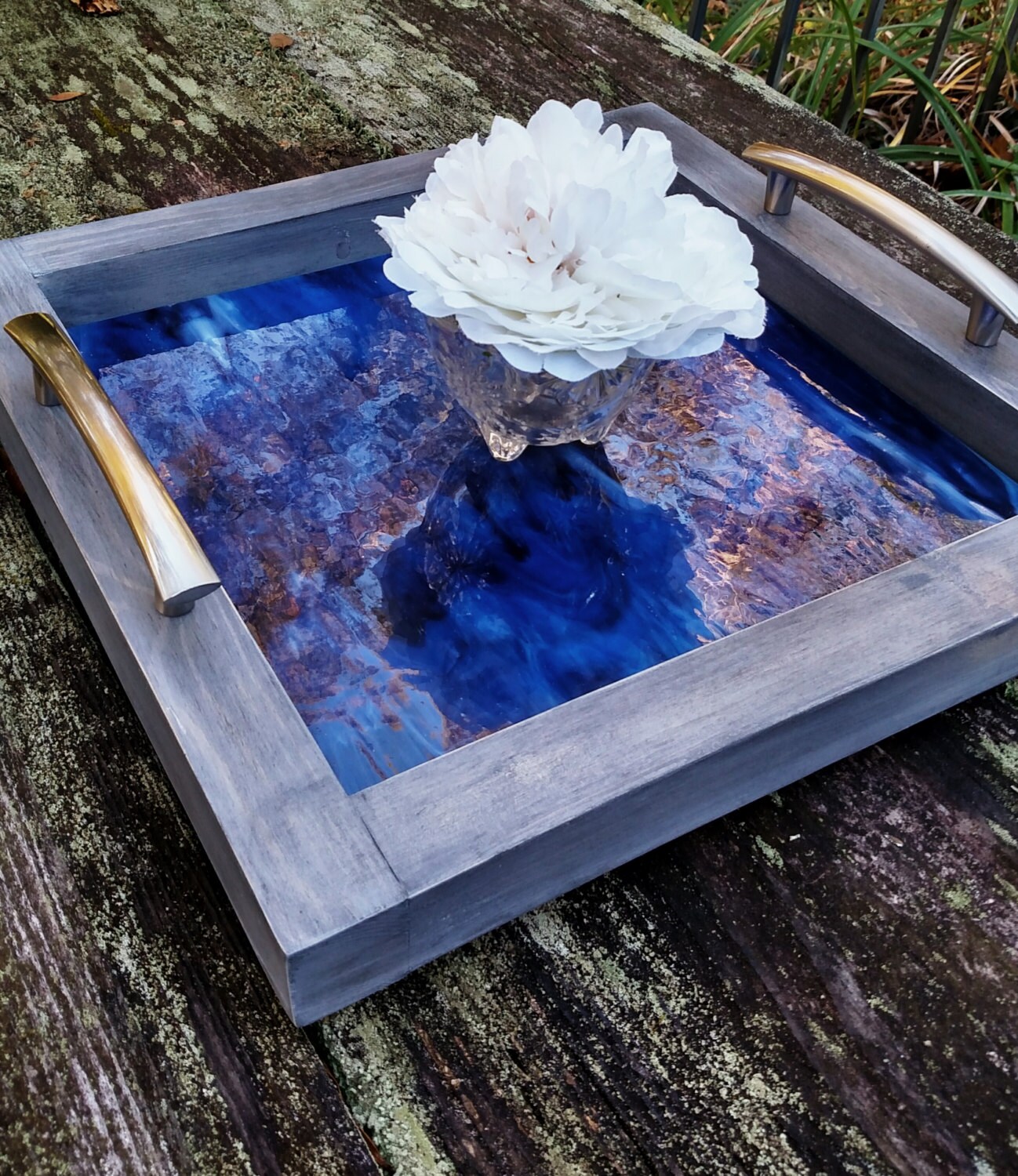 Serving TrayWoodDark Blue Art GlassBrushed Nickel