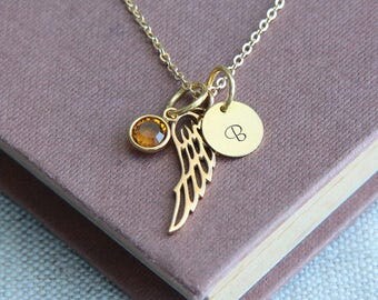 Wing Necklace, Angel Wing Necklace, Angel Necklace, Memory Necklace, Gold Necklace, Personalized Necklace, Birthstone Necklace, Gift for Her