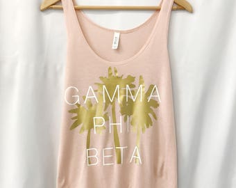 Gamma Phi Beta Palm Tree Tank, Sorority Tank Tops, Side Slit Tank in Peach