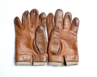 mens Vintage Leather Gloves by Yves Saint Laurent / size 8.5 / brown colour / with angora and wool blend lining / driving / made in Italy