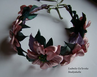 Wedding hair accessories, Bohemian hair wreath ,satin fabric flower,100% handmade.