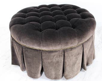 Mid Century Modern Tufted Gray Round Ottoman on Wheels By Baker