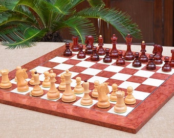 Combo of Repro 1950 Dubrovnik Bobby Fischer Chess Pieces in Bud Rose & Box Wood and RedAshBurl MapleWooden Chess Board-3.62" King SKU: C0564