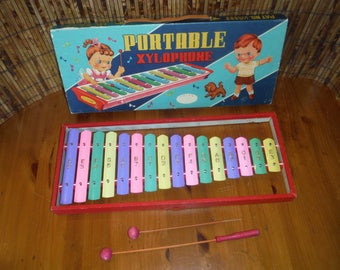 Vintage Child's Portable Xylophone - Vintage 1940's Metal Xylophone Musical Instrument Toy - Vintage Children's Metal Percussion Toy Set