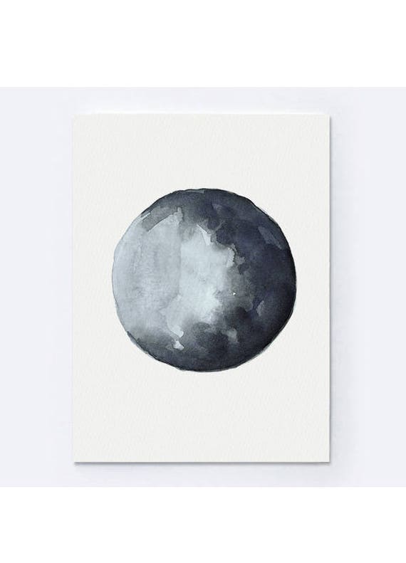 Waxing Gibbous Moon Print Lunar Watercolor Painting Navy