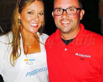 Combo: Progressive White Flo Apron & Jake State Farm Red Shirt with Flo name badge, head band, and I <3 insurance pin