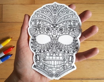 Large Vinyl Coloring Sticker - Steampunk Skull - Adult Coloring - Hand Drawn Design