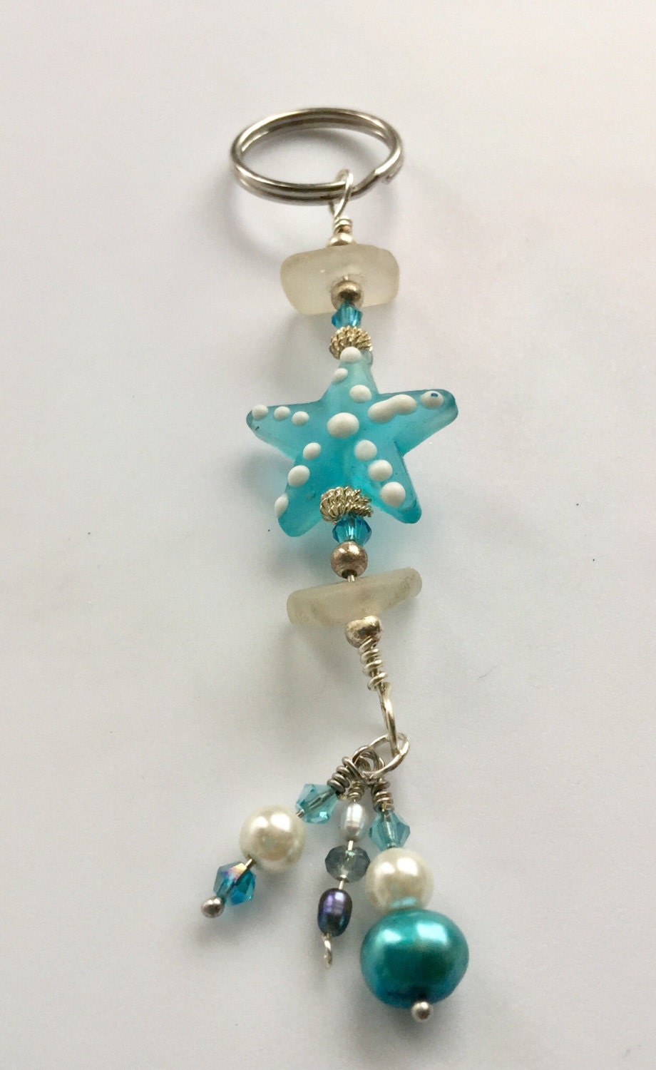 Star Glass and Sea Glass Beaded Key Chain Galveston Gift for